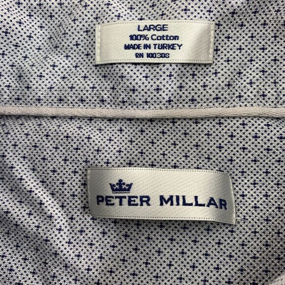 Peter Millar Button Up Mens Large Gray Shirt Blue Polka Dots Short Sleeves - Picture 9 of 13